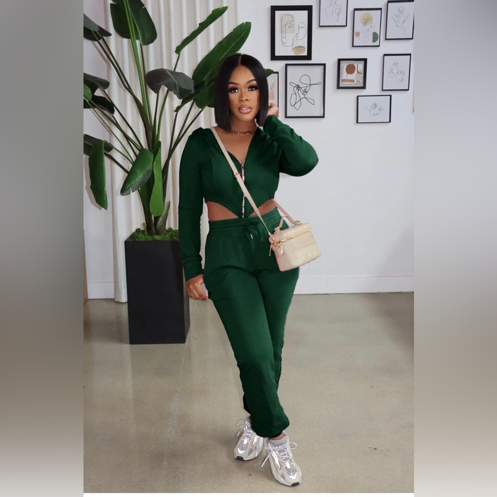 Womens Two Piece Outfits Tracksuit Green Size Small Sweatsuit Cropped Zip Up - Picture 3 of 8